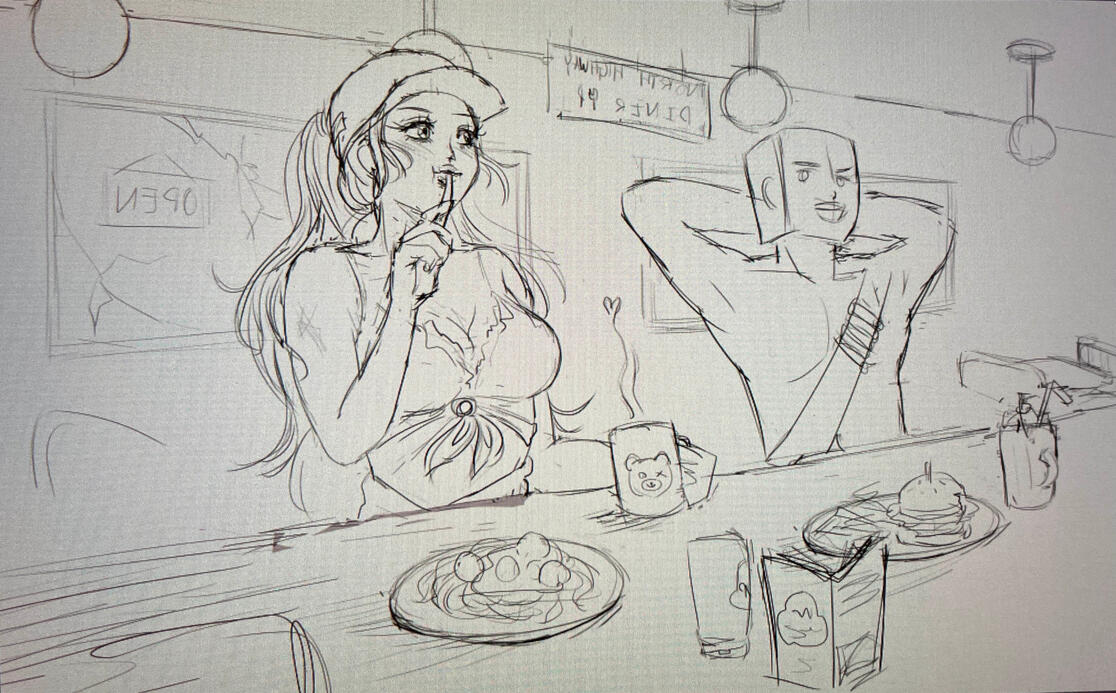 The two characters sit inside a ruined diner and enjoy their time in a zombie apocalyptic world